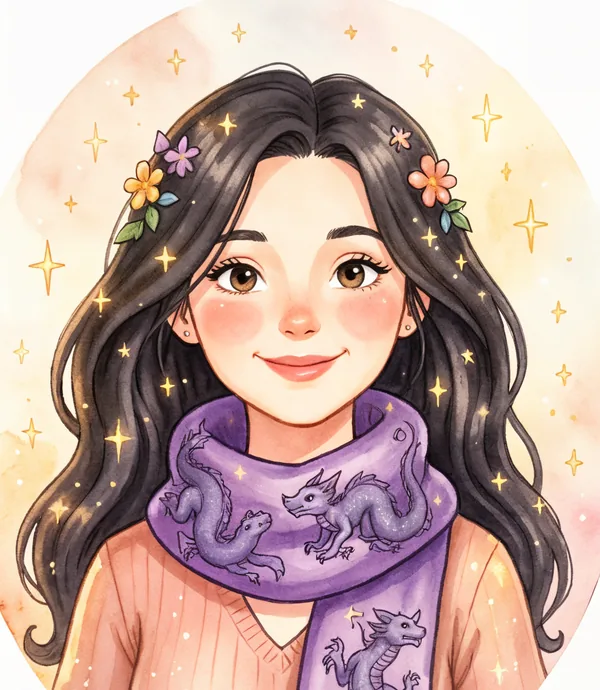 Watercolour portrait of Eliza Dragonthorpe in a purple dragon scarf