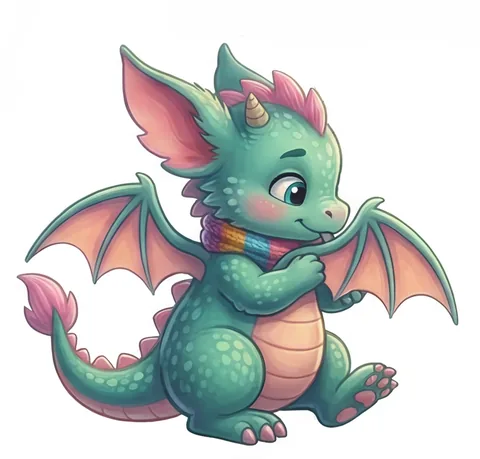 Poppy the Dragon in her rainbow scarf